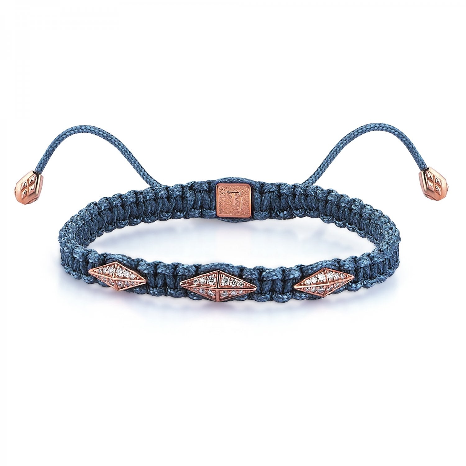 Blue Macrame Iconic Diamondback (3) Silver Bracelet in Rose with Full Diamonds