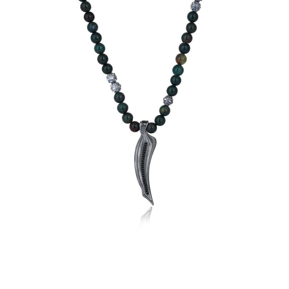 Snake Tooth Necklace with Blood Stone Beads & Diamonds